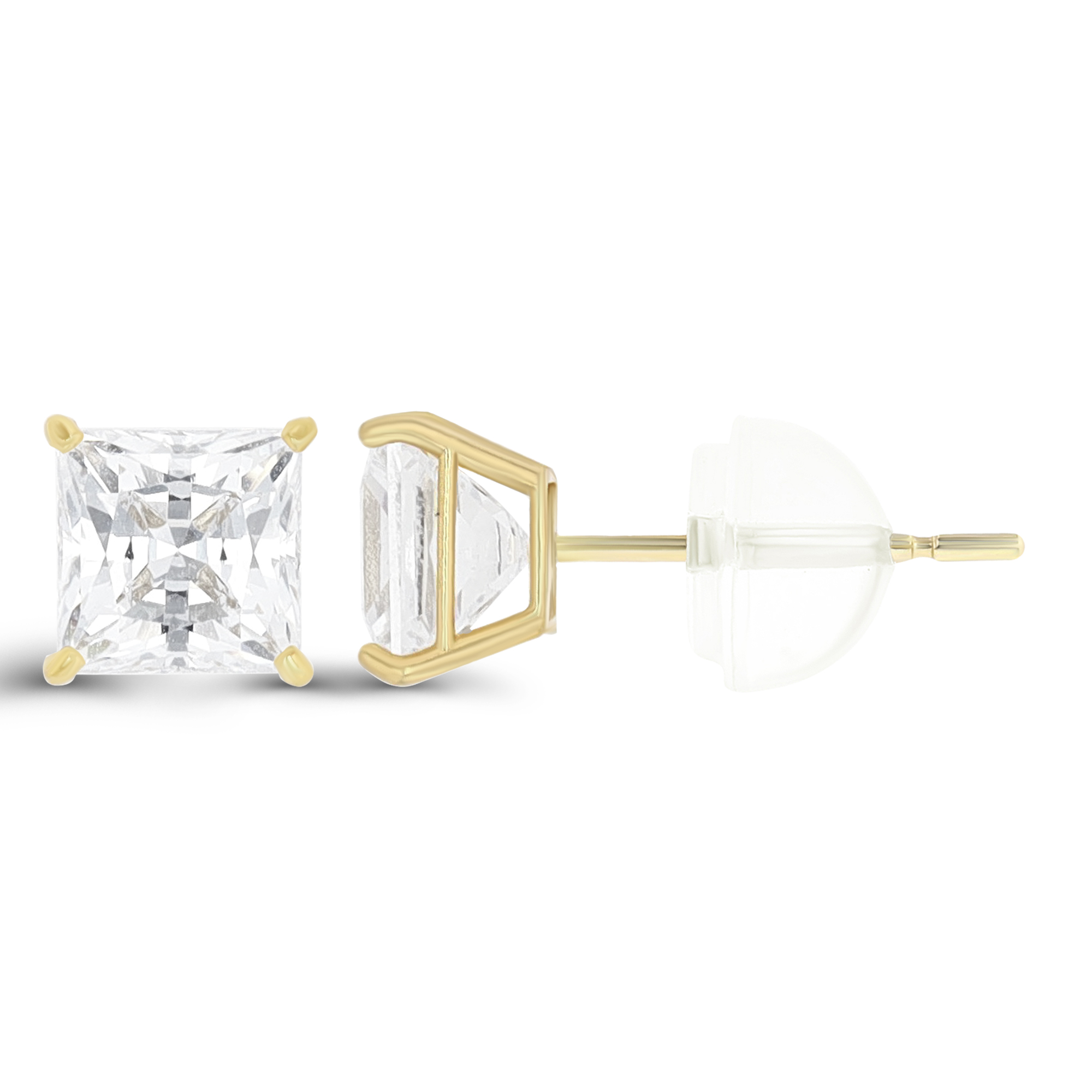 14K Yellow Gold 6mm Sq Created White Sapphire Cast Basket Solitaire Earring