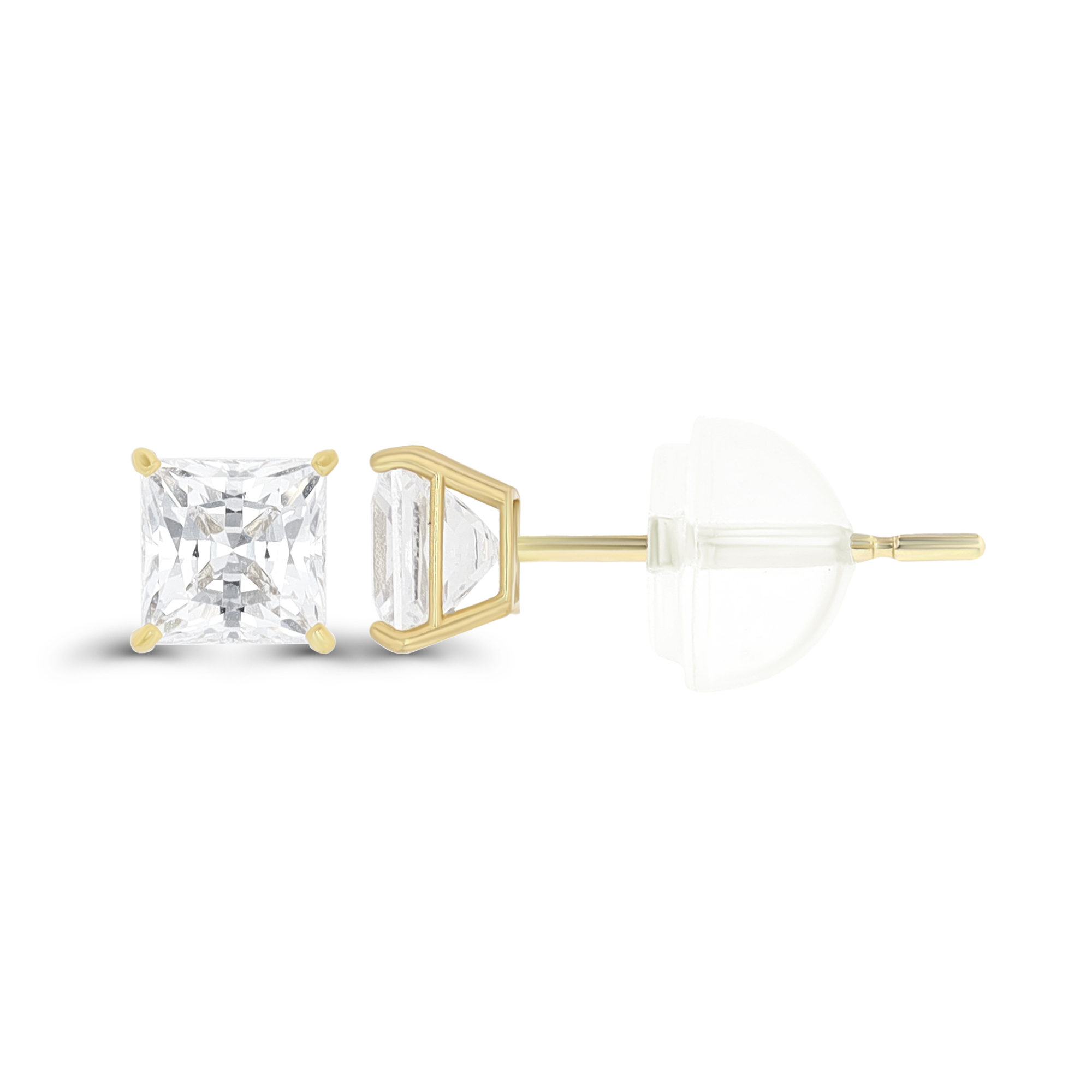 14K Yellow Gold 4mm Sq Created White Sapphire Cast Basket Solitaire Earring