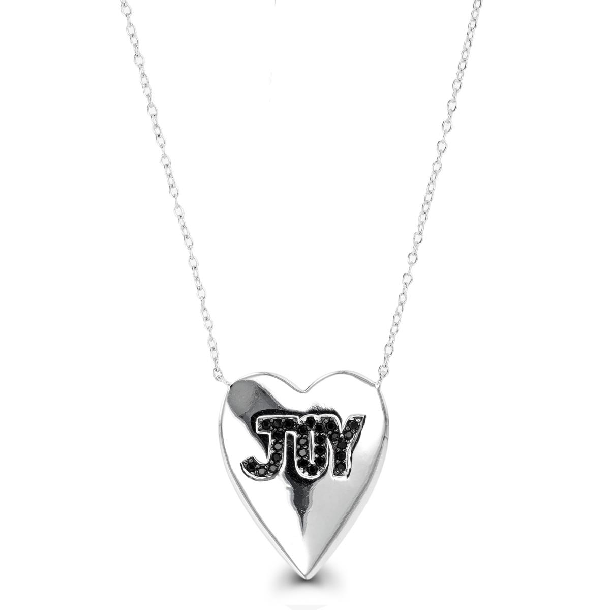 Sterling Silver Rhodium & Black Black Spinel Paved "JOY" Heart 16"+2" Necklace
