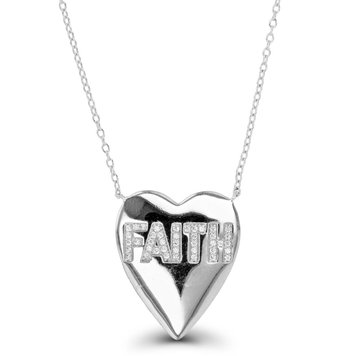 Sterling Silver Rhodium Pave "FAITH" Heart 16"+2" Necklace