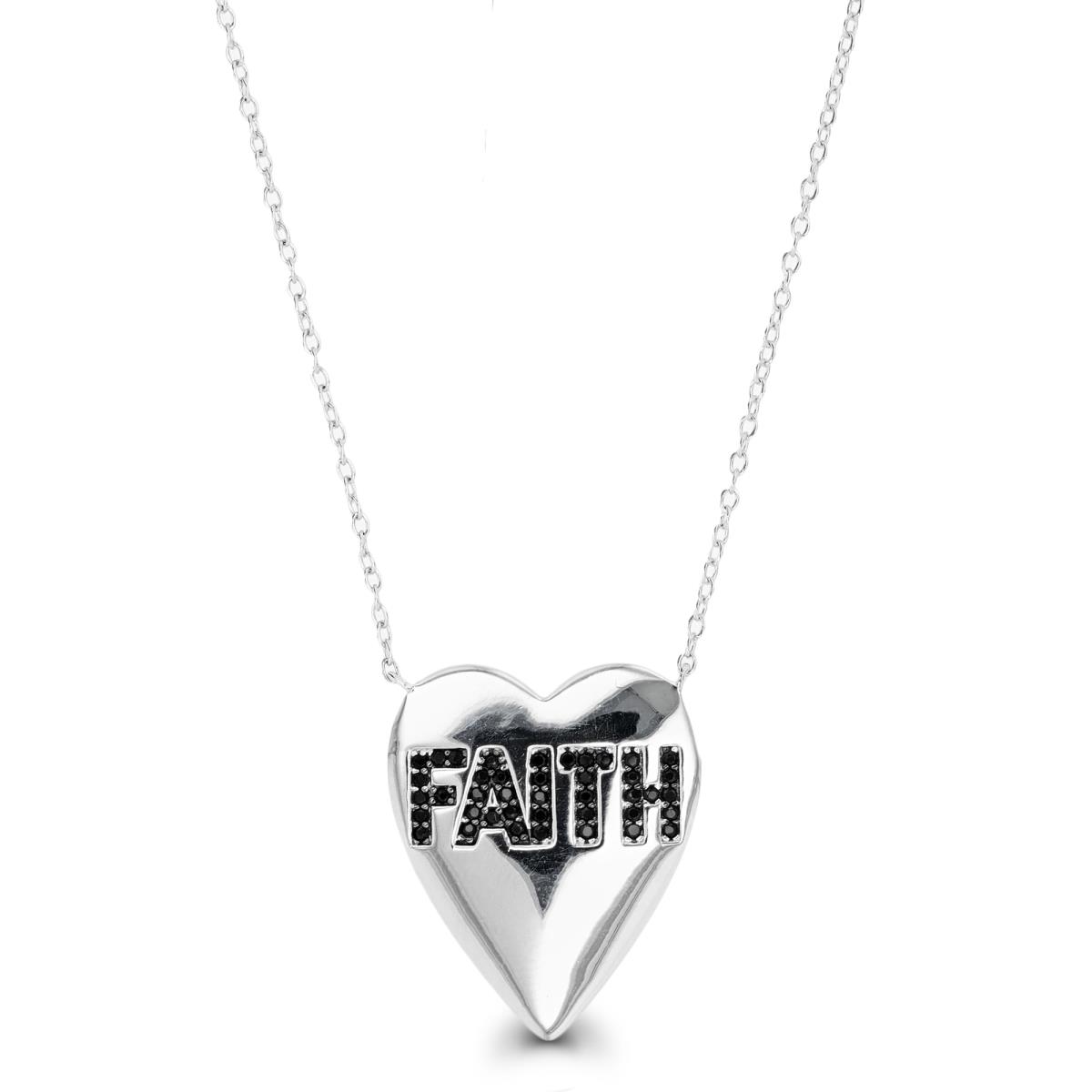Sterling Silver Rhodium & Black Black Spinel Pave "FAITH" Heart 16"+2" Necklace