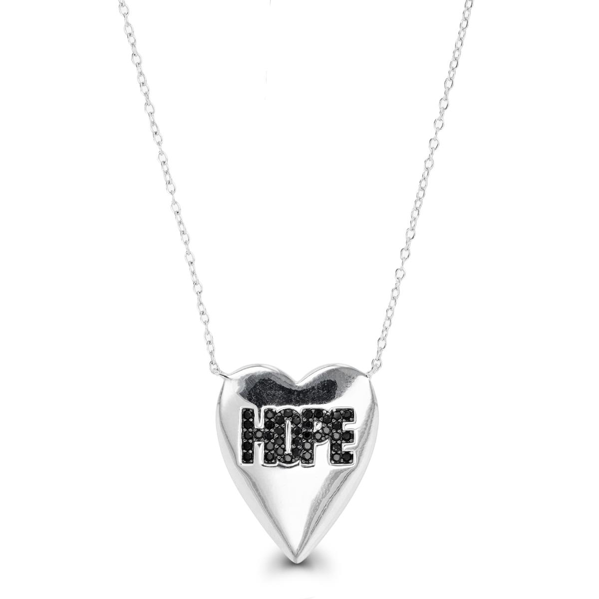 Sterling Silver Rhodium & Black Black Spinel Pave "HOPE" Heart 16"+2" Necklace