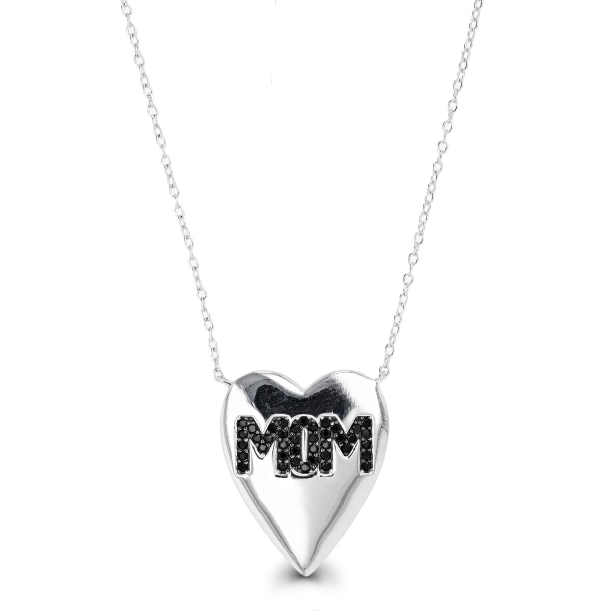 Sterling Silver Rhodium & Black Black Spinel Pave "MOM" Heart 16"+2" Necklace