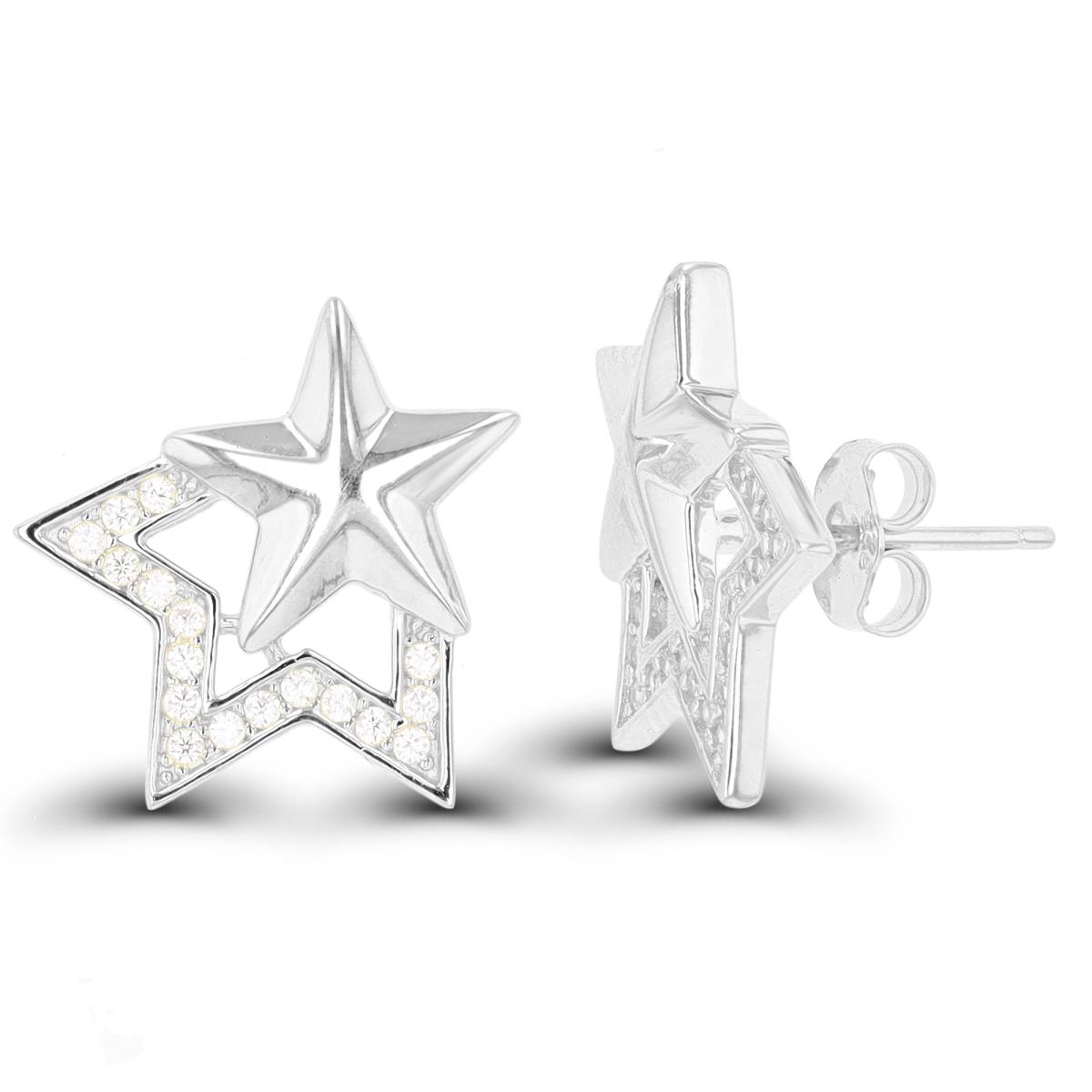 Sterling Silver Rhodium Double Star Stud Earring