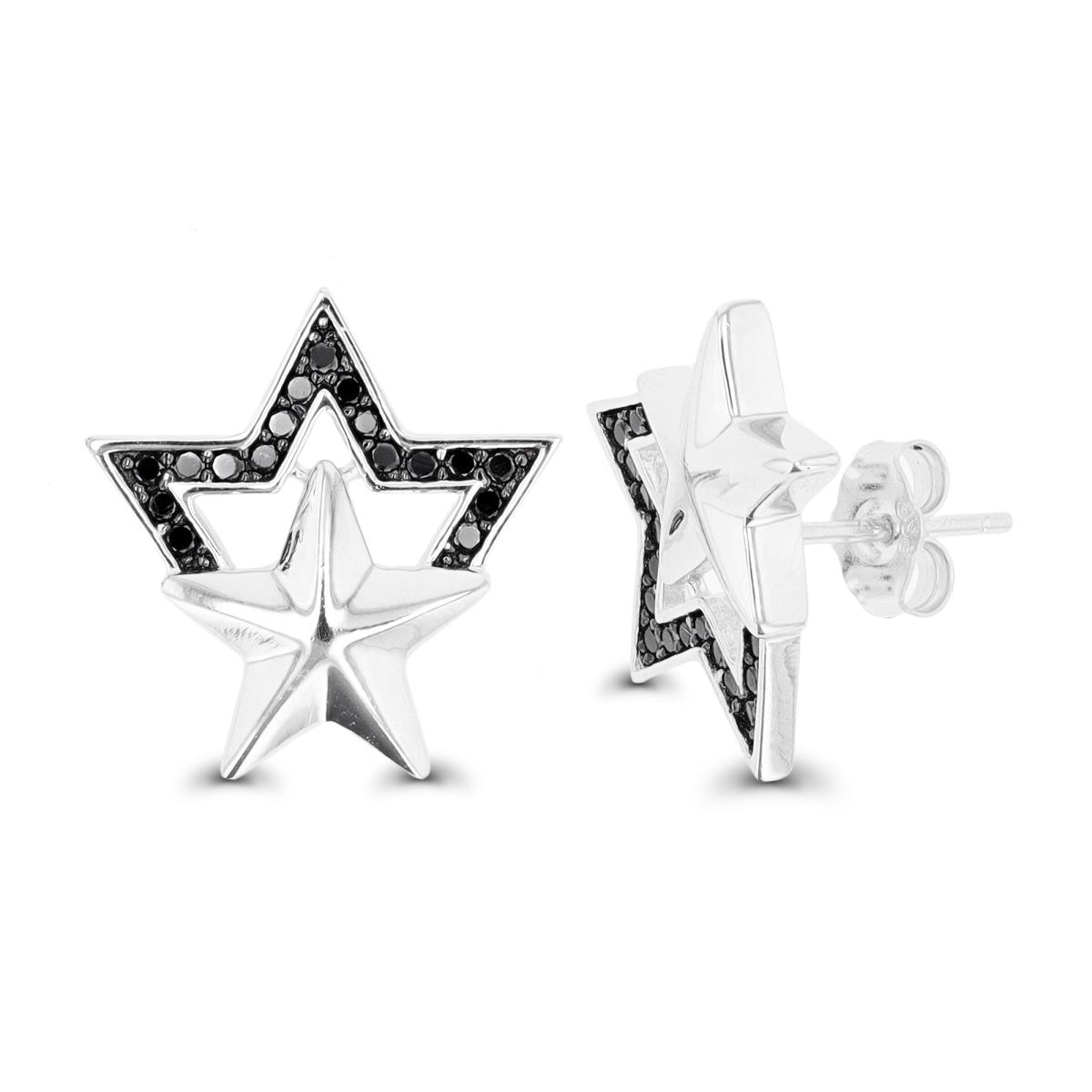 Sterling Silver Rhodium & Black Black Spinel Double Star Stud Earring