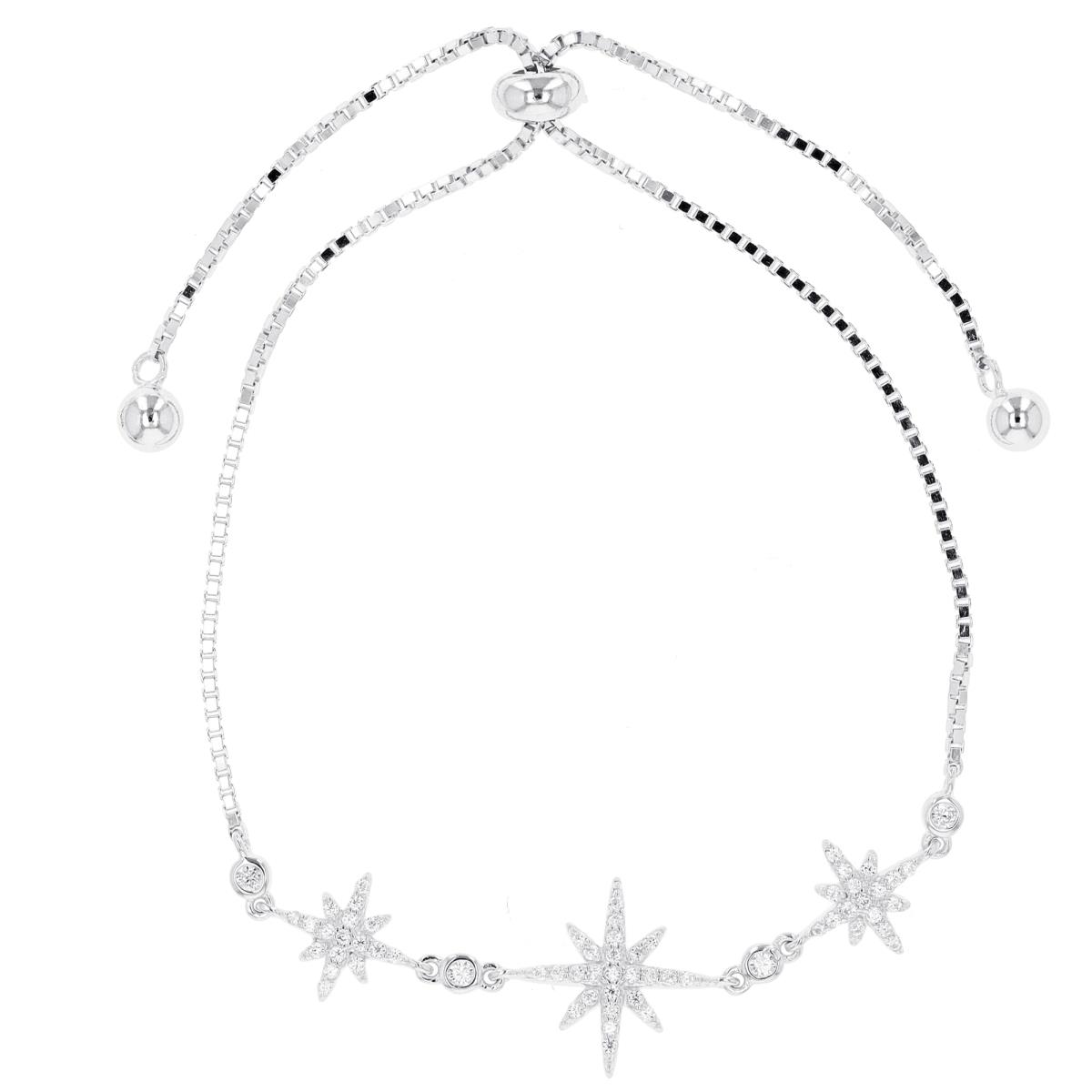 Sterling Silver Rhodium Triple Starburst Adjustable Bracelet