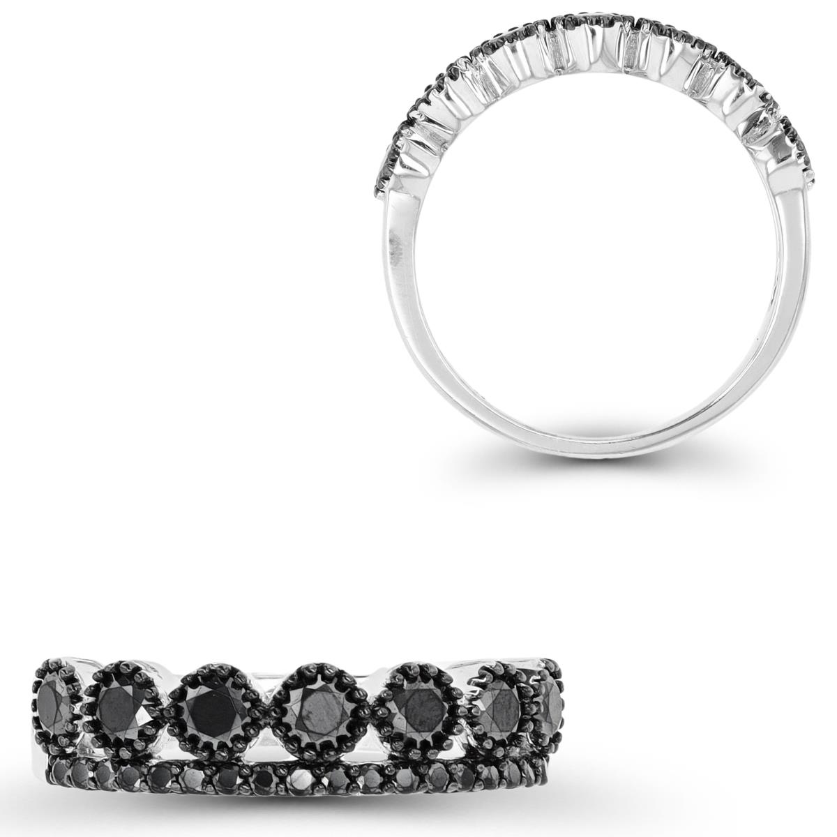Sterling Silver Rhodium & Black Black Spinel Milgrain Crown Fashion Ring