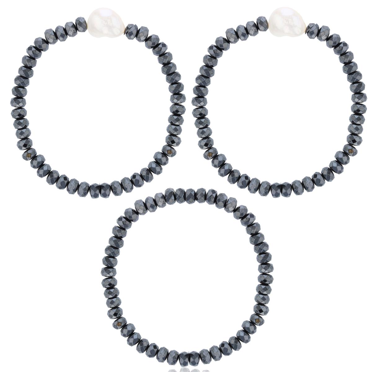 11-12mm Baroque Pearl & 4x6mm Hematite Beads Stretch/ Only Hematite Bracelet Set of 3