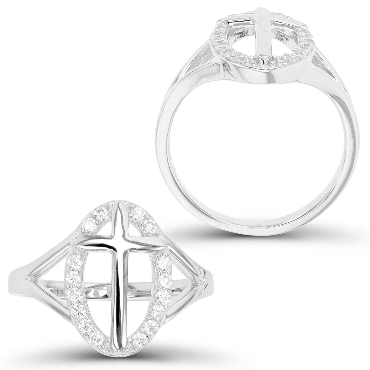 Sterling Silver Rhodium Oval Cross Fashion Ring