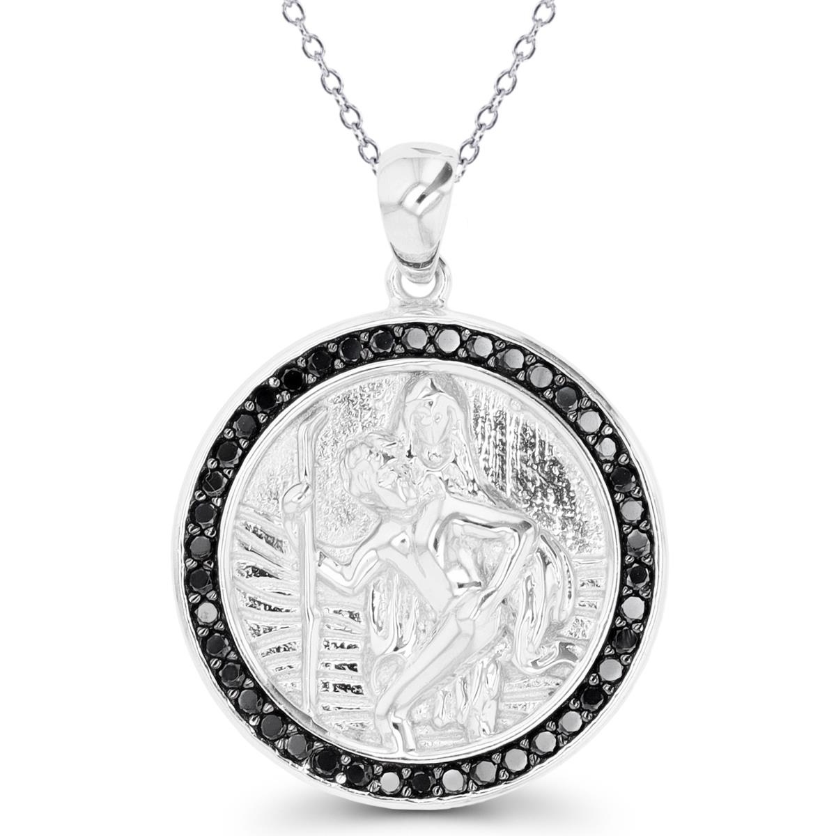 Sterling Silver Rhodium & Black Black Spinel Religious Coin 18" Necklace