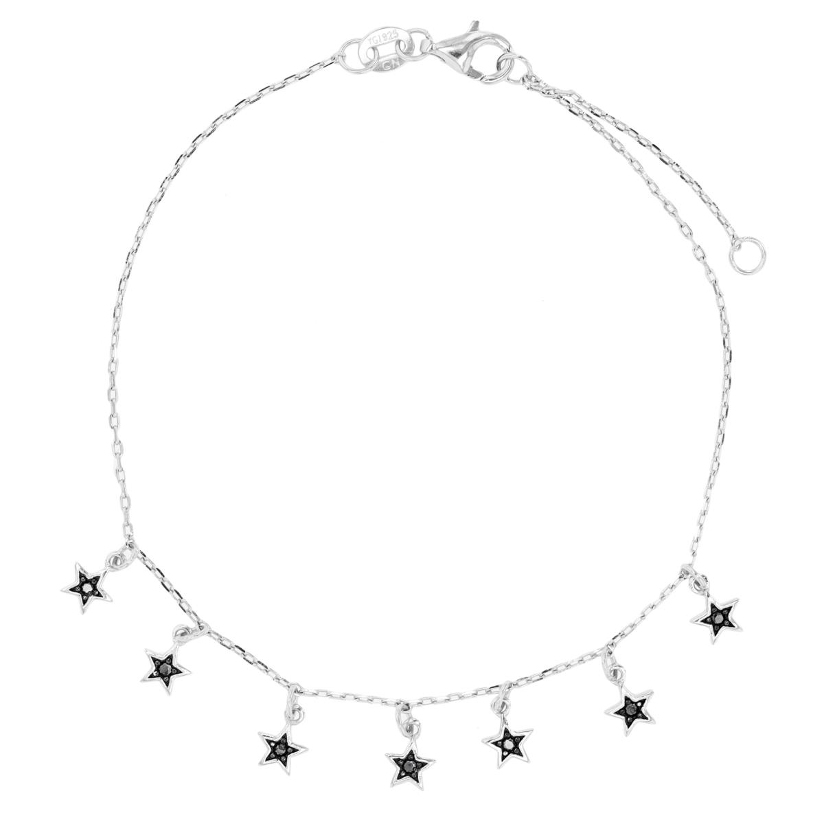 Sterling Silver Rhodium & Black Black Spinel Dangling Stars 7"+1" Bracelet