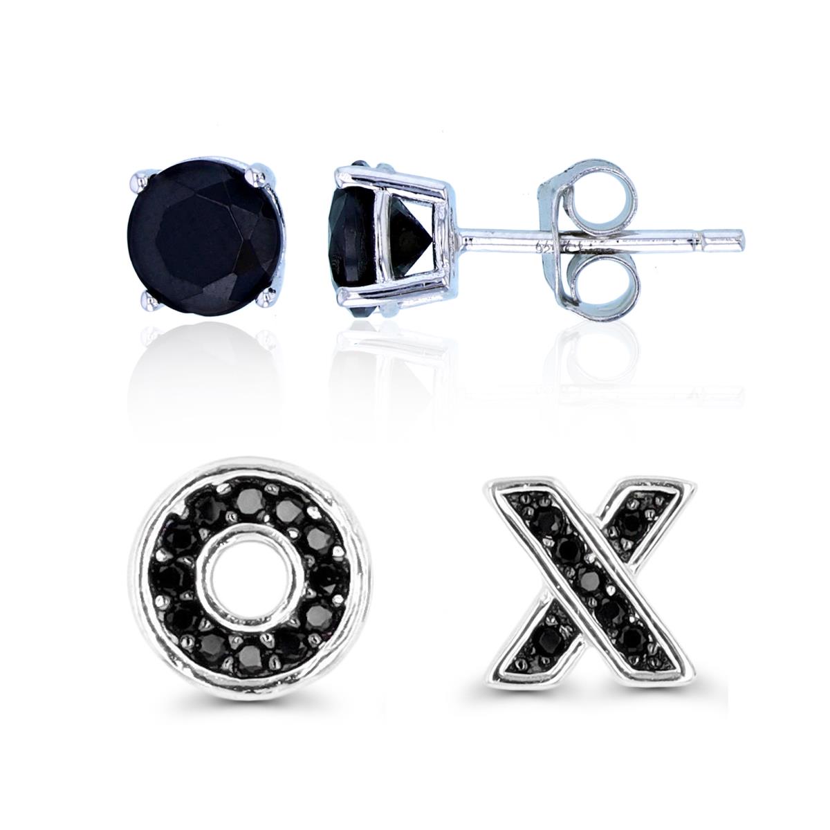 Sterling Silver Rhodium & Black Black Spinel "XO" & 6mm Rd Black Spinel Earring Set