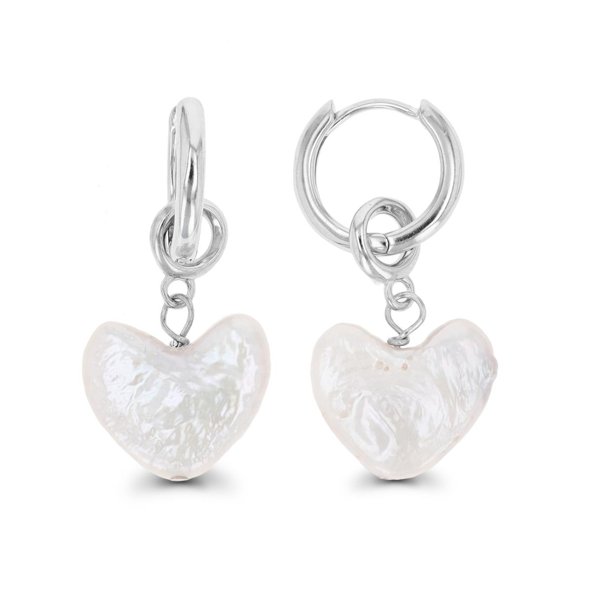 Sterling Silver Rhodium Dangling 14mm Heart Pearl Huggie Earring
