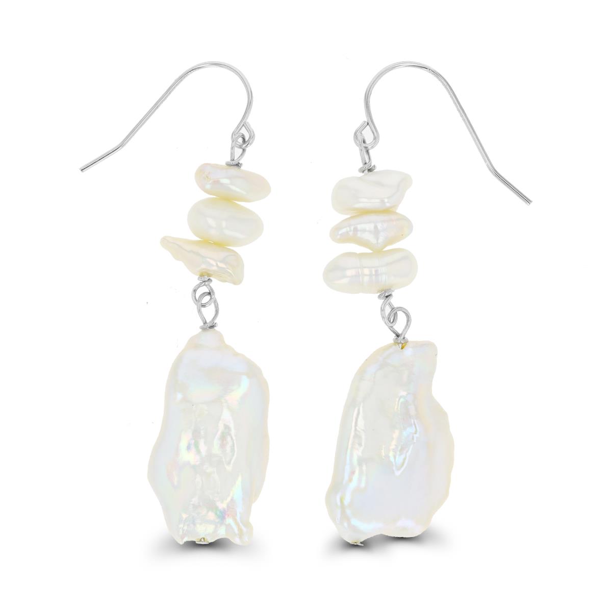 Sterling Silver Rhodium Dangling Keshi Pearls FishHook Earring