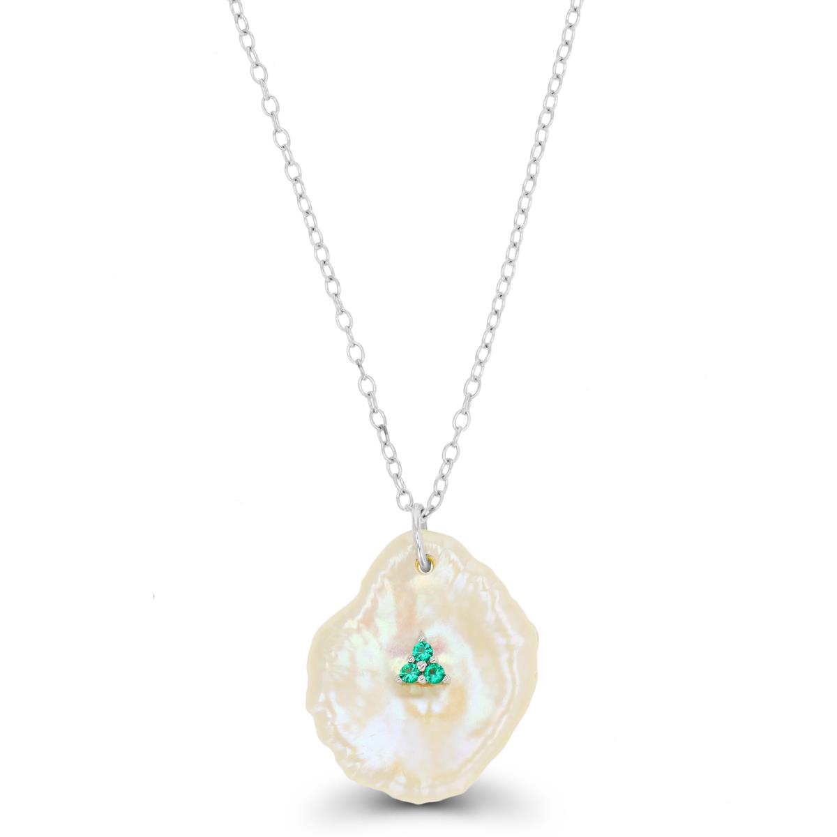 Sterling Silver Rhodium Irregular Keshi Pearl & Created Emerald 18" Necklace