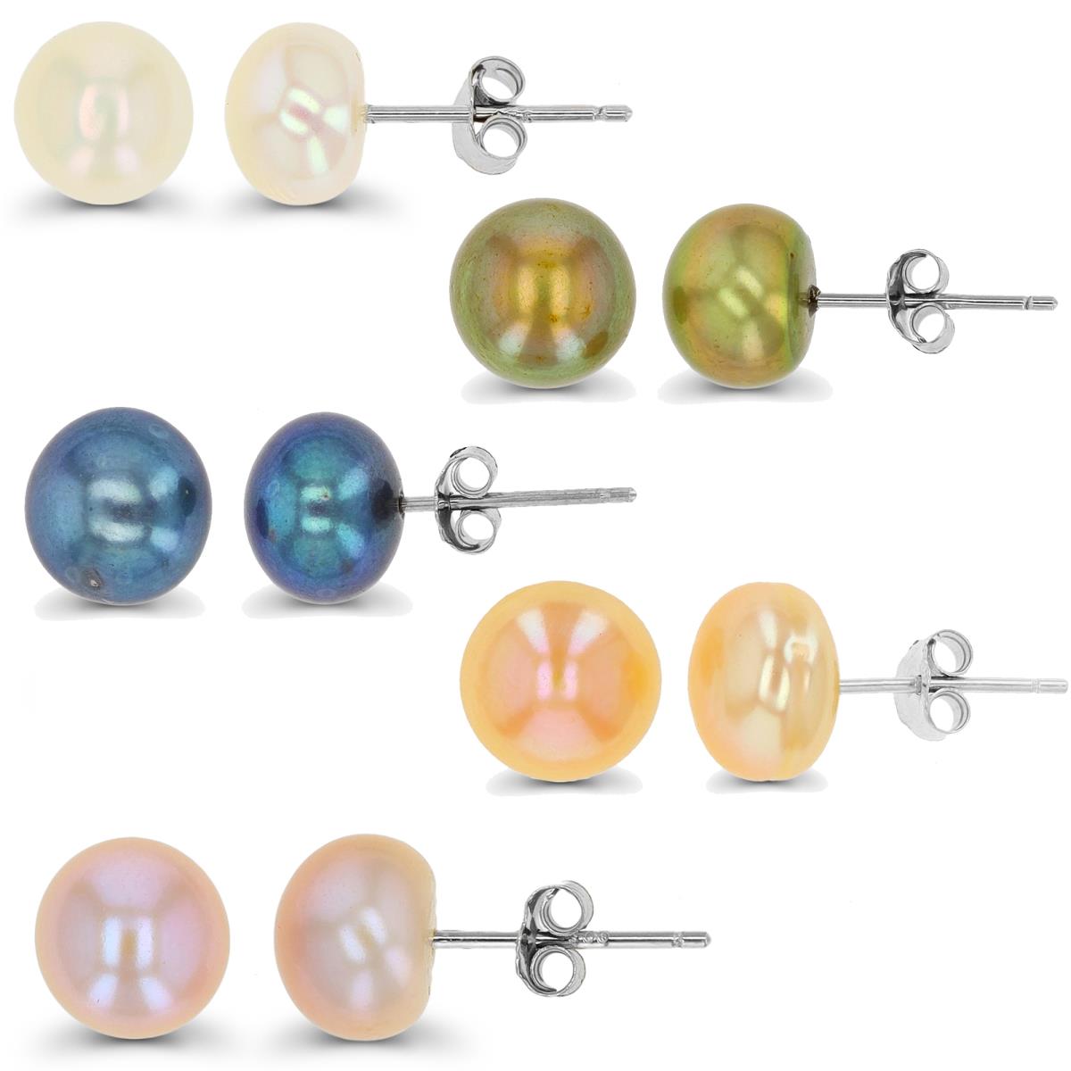 Sterling Silver Rhodium White,  Pink, Peacock, Green, Yellow Button Pearls Stud Earring Set of 5