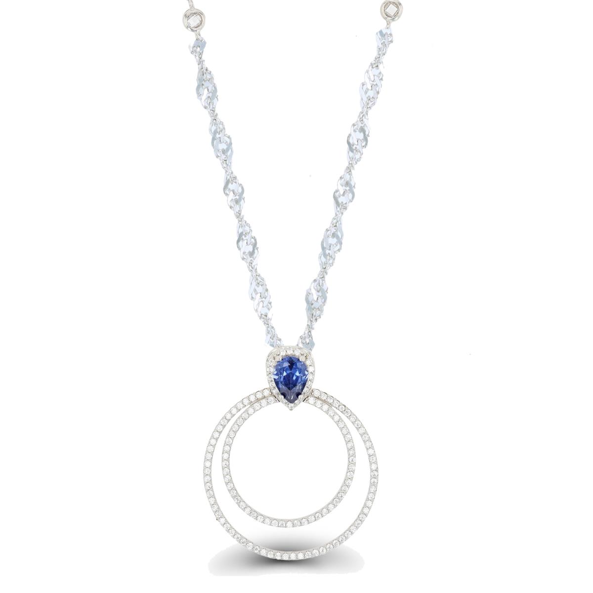 Sterling Silver Rhodium Tanzanite Pear & White Rd CZ Double Circle 18"+2" Singapore Necklace