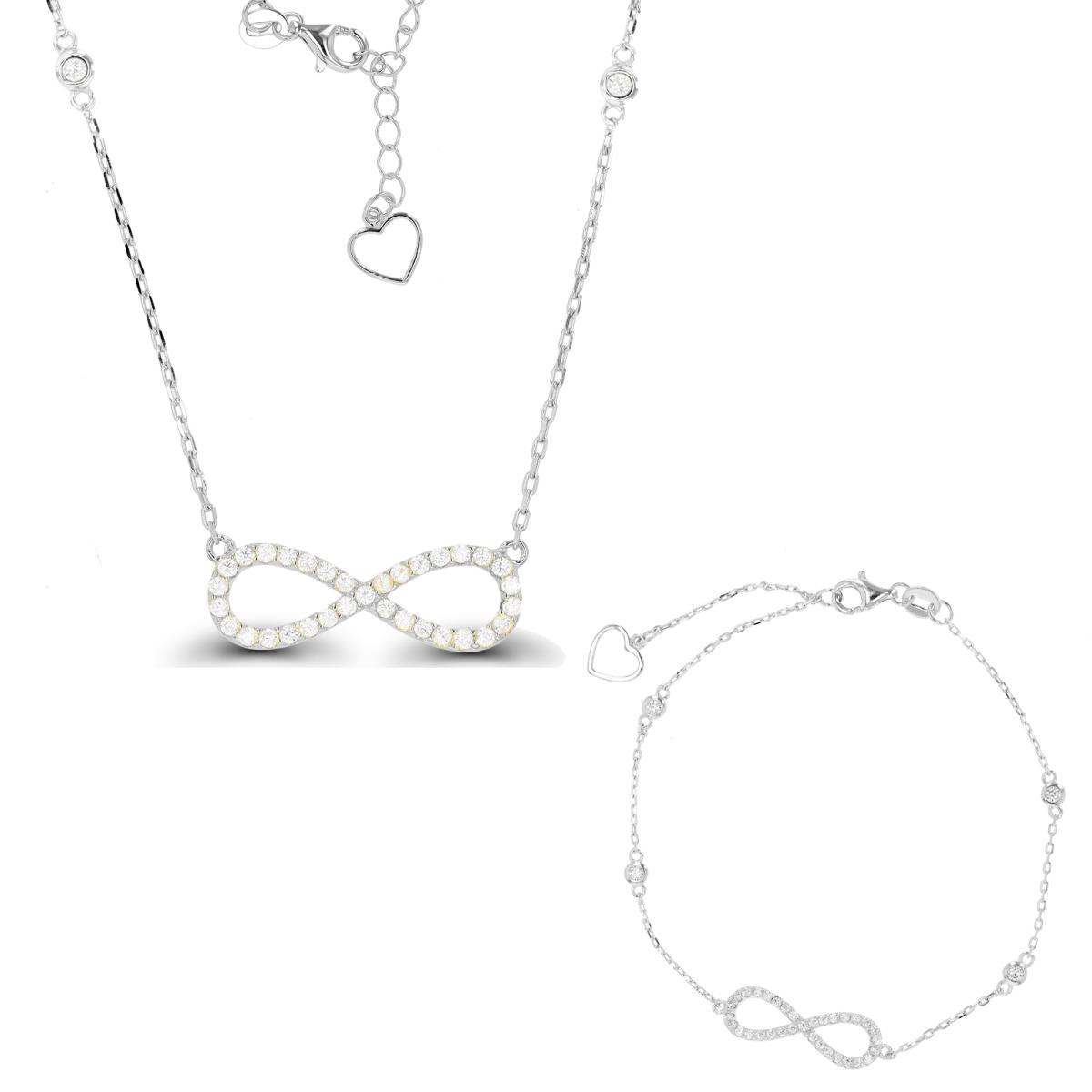 Sterling Silver Rhodium Infinity 18"+2" Necklace & 7"+1" Bracelet Set