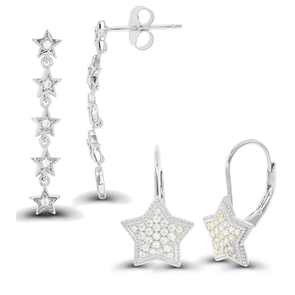 Sterling Silver Rhodium Star LeverBack & Dangling Earring Set