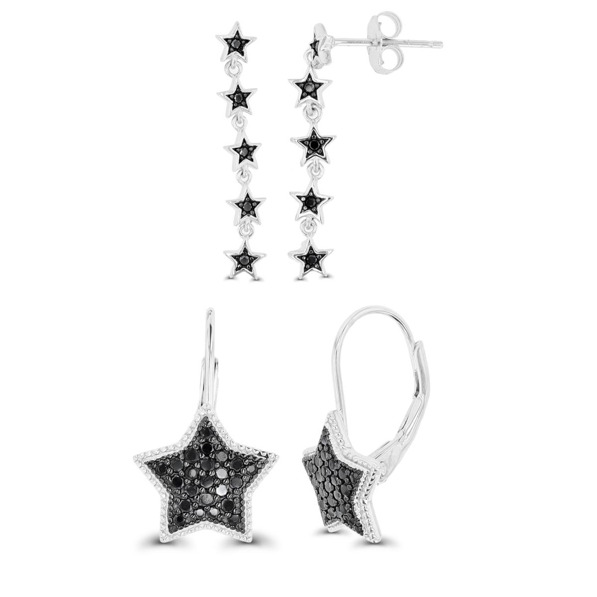 Sterling Silver Rhodium & Black Black Spinel Star LeverBack & Dangling Earring Set