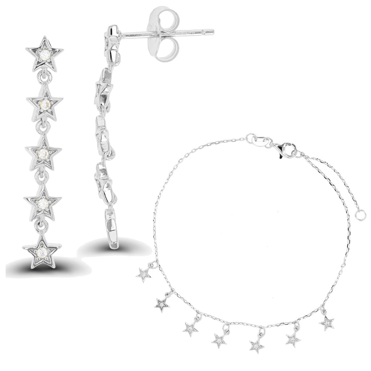 Sterling Silver Rhodium Dangling Stars 7"+1" Bracelet & Earring Set