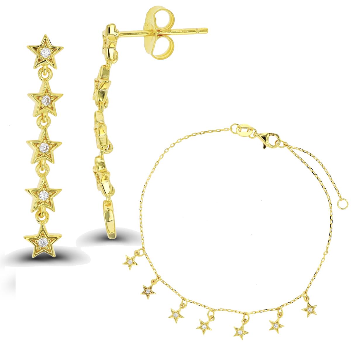 Sterling Silver Yellow 1-Micron Dangling Stars 7"+1" Bracelet & Earring Set