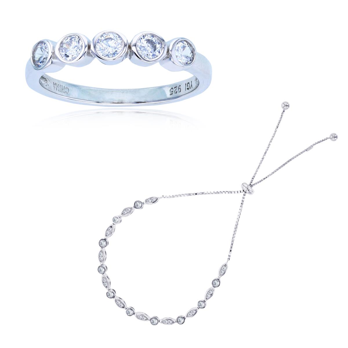Sterling Silver Rhodium 3mm White Zircon Bezel Ring & Adjustable Bracelet Set