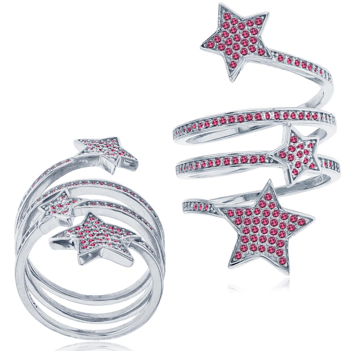 Sterling Silver Rhodium Rnd Red Spinel Stars Spiral Ring