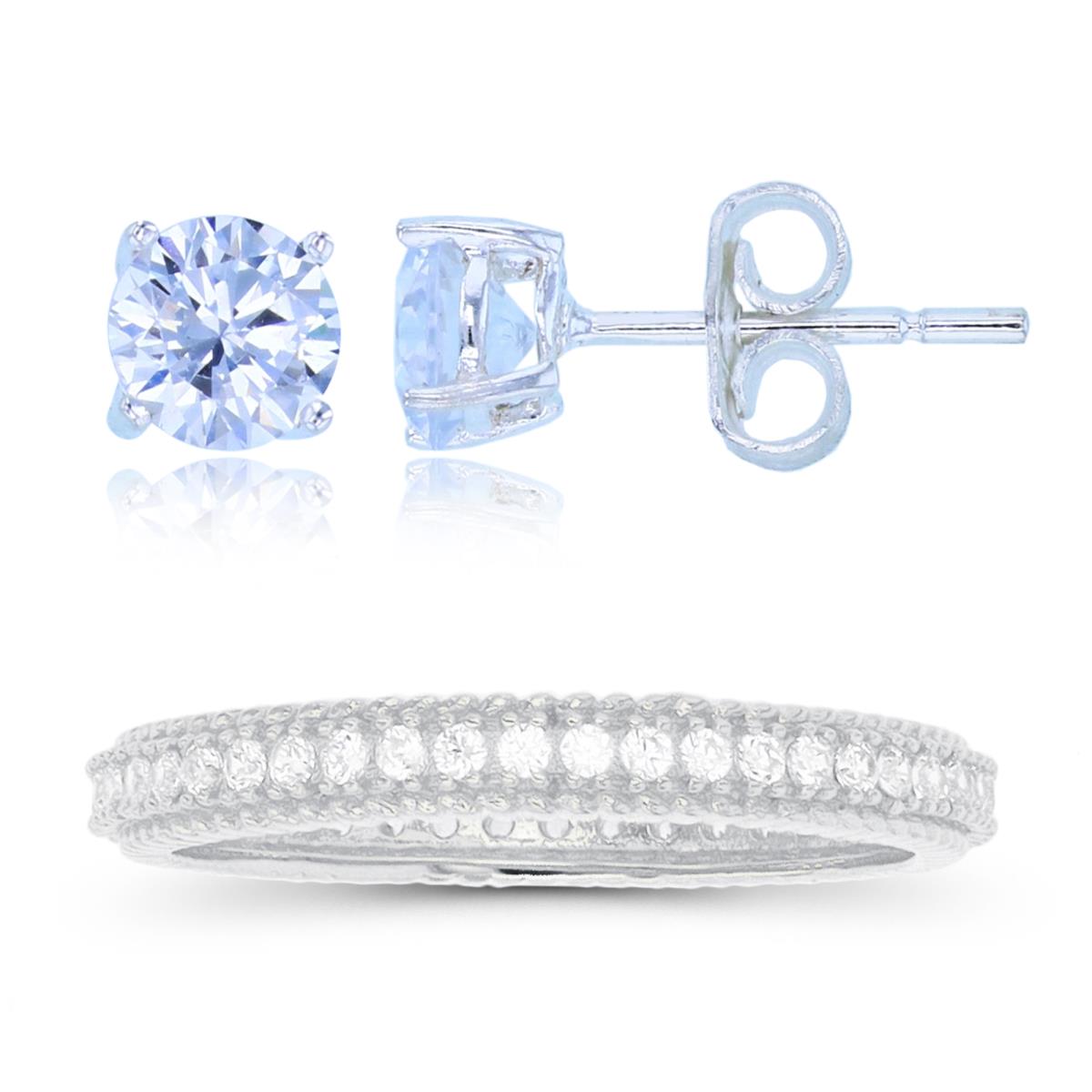 Sterling Silver Rhodium White Zircon Groove Eternity Ring & 5mm Rd Solitaire Stud Earring Set