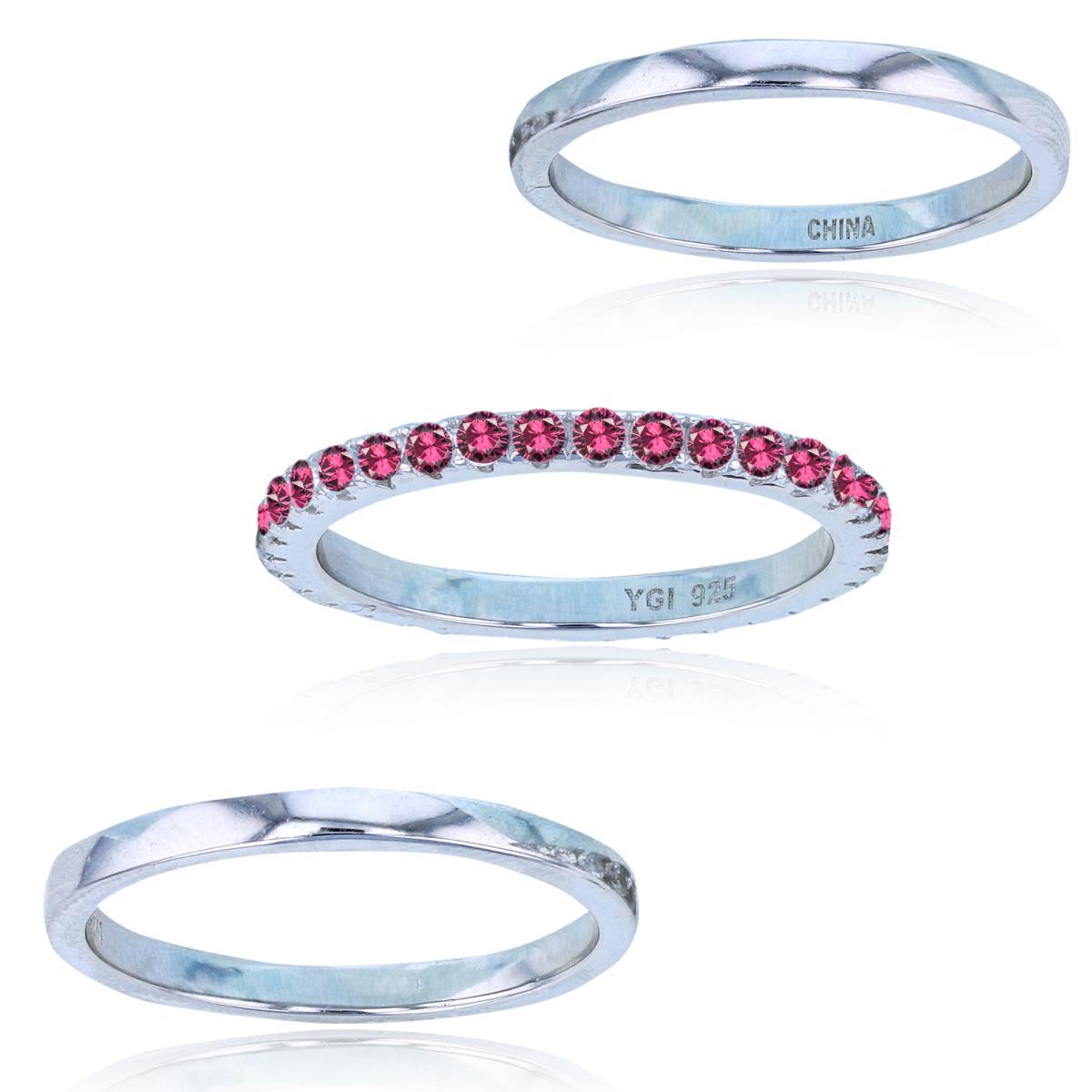Sterling Silver Rhodium Rnd Red Spinel & Two Plain Bands Set