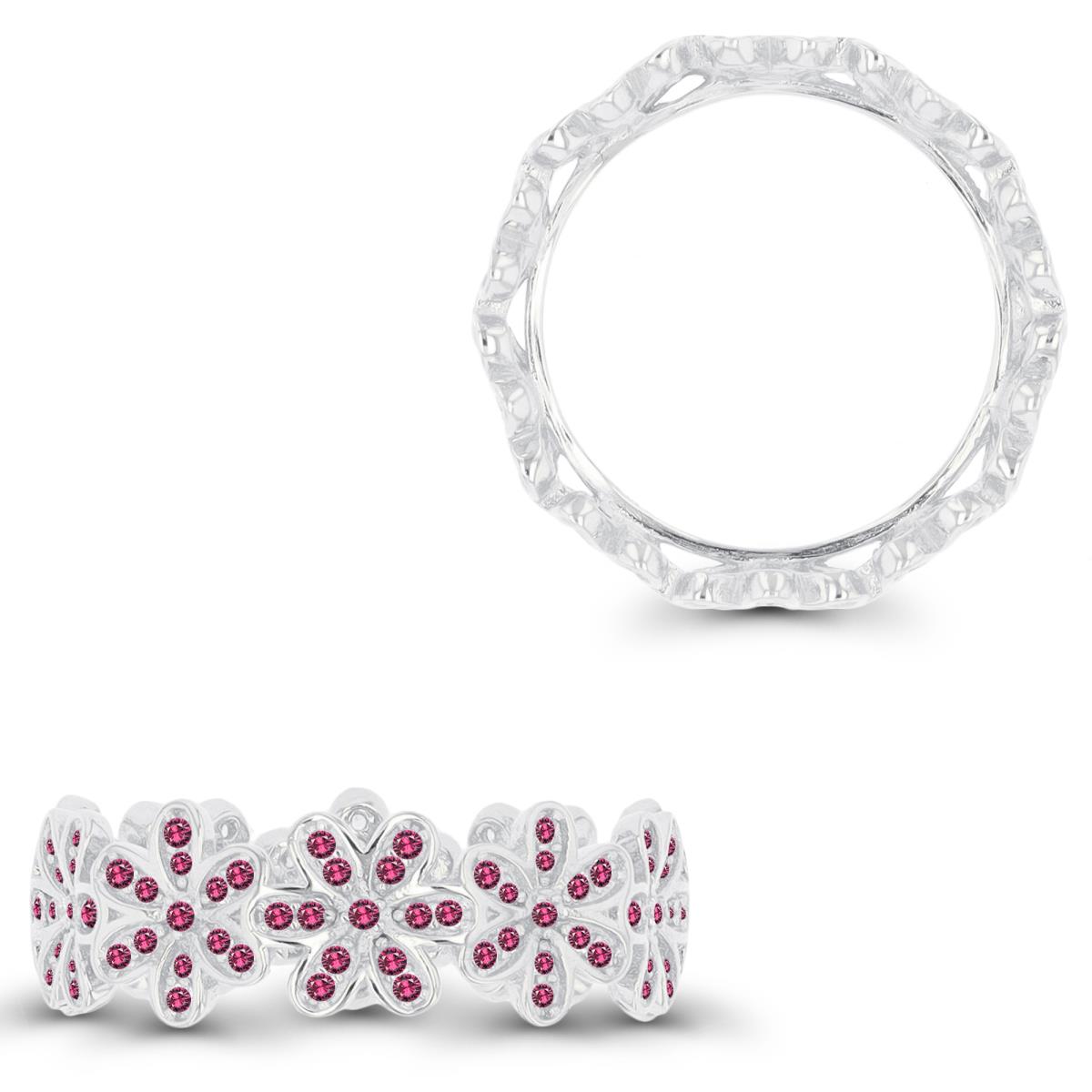 Sterling Silver Rhodium Red Spinel Daisy Eternity Ring