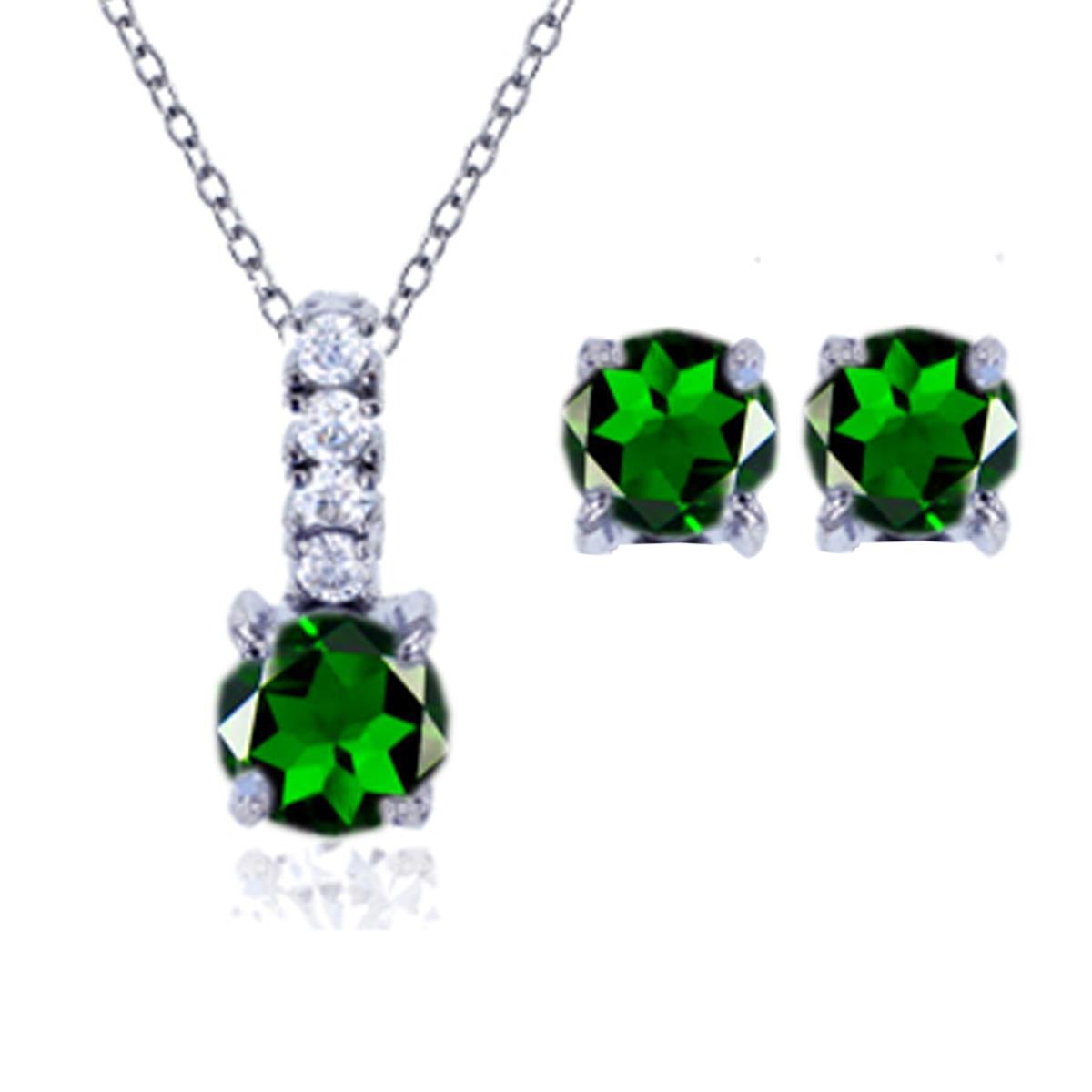 Sterling Silver Rhodium 6mm Round Chrome Diopside/ White Zircon 18" Necklace and Stud Set