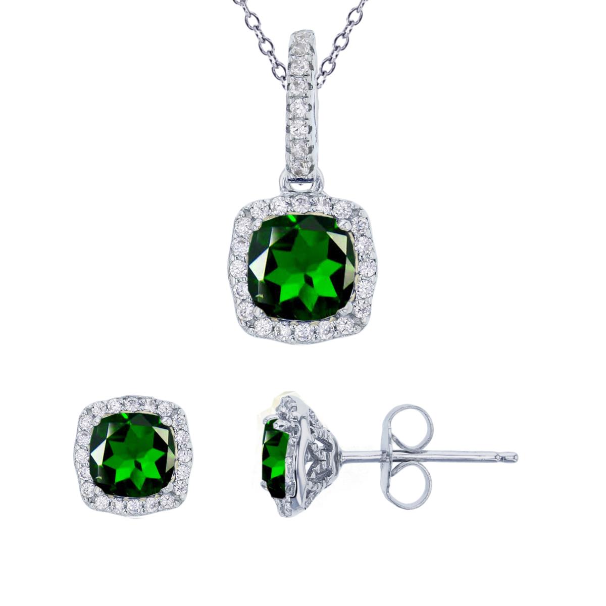 Sterling Silver Rhodium Cushion Cut Chrome Diopside/White Zircon Halo Dangling 18" Necklace & Stud Earring Set