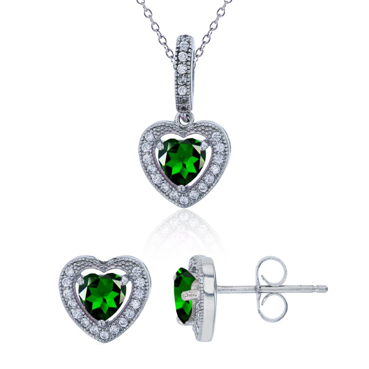 Sterling Silver Rhodium Chrome Diopside/ White Zircon Halo Heart Necklace & Earring Set
