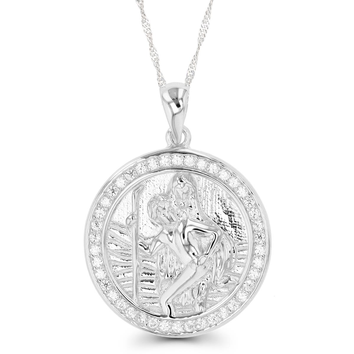 Sterling Silver Rhodium Religious Coin 18"+2" Singapore Necklace