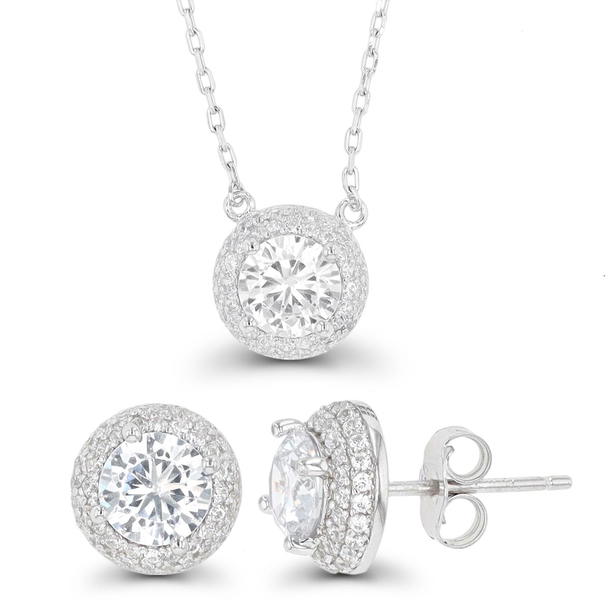 Sterling Silver Rhodium 6mm Rd CZ Domed 16"+2" Necklace & Earring Set