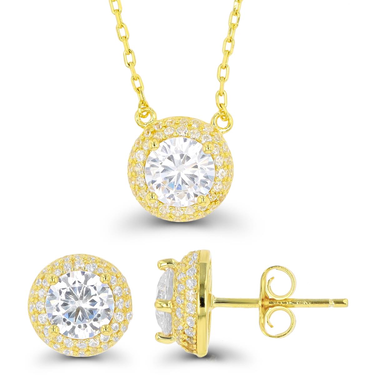 Sterling Silver Yellow 6mm Rd CZ Domed 16"+2" Necklace & Earring Set