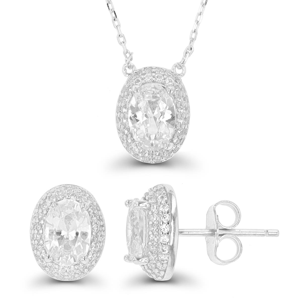 Sterling Silver Rhodium 7x5mm Oval Domed 16"+2" Necklace & Earring Set