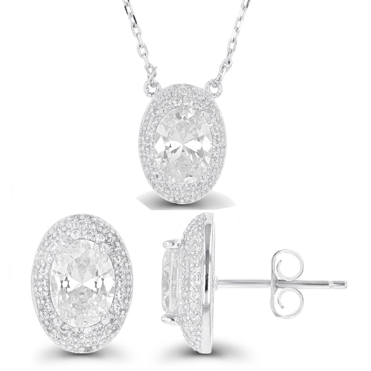 Sterling Silver Rhodium 8x6mm Oval Domed 16"+2" Necklace & Earring Set
