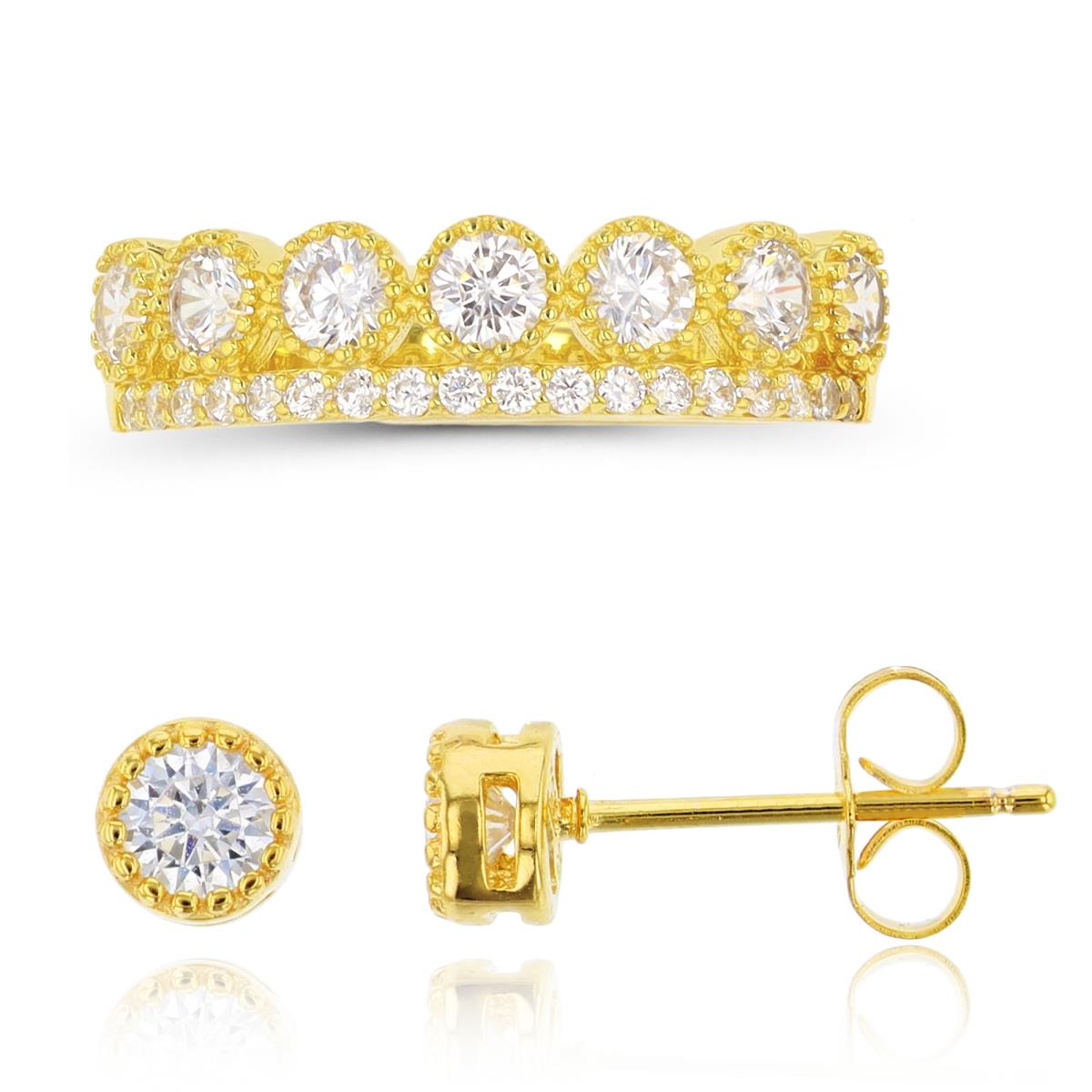 Sterling Silver Yellow Milgrain Crown Fashion Ring & Milgrain Earring Set