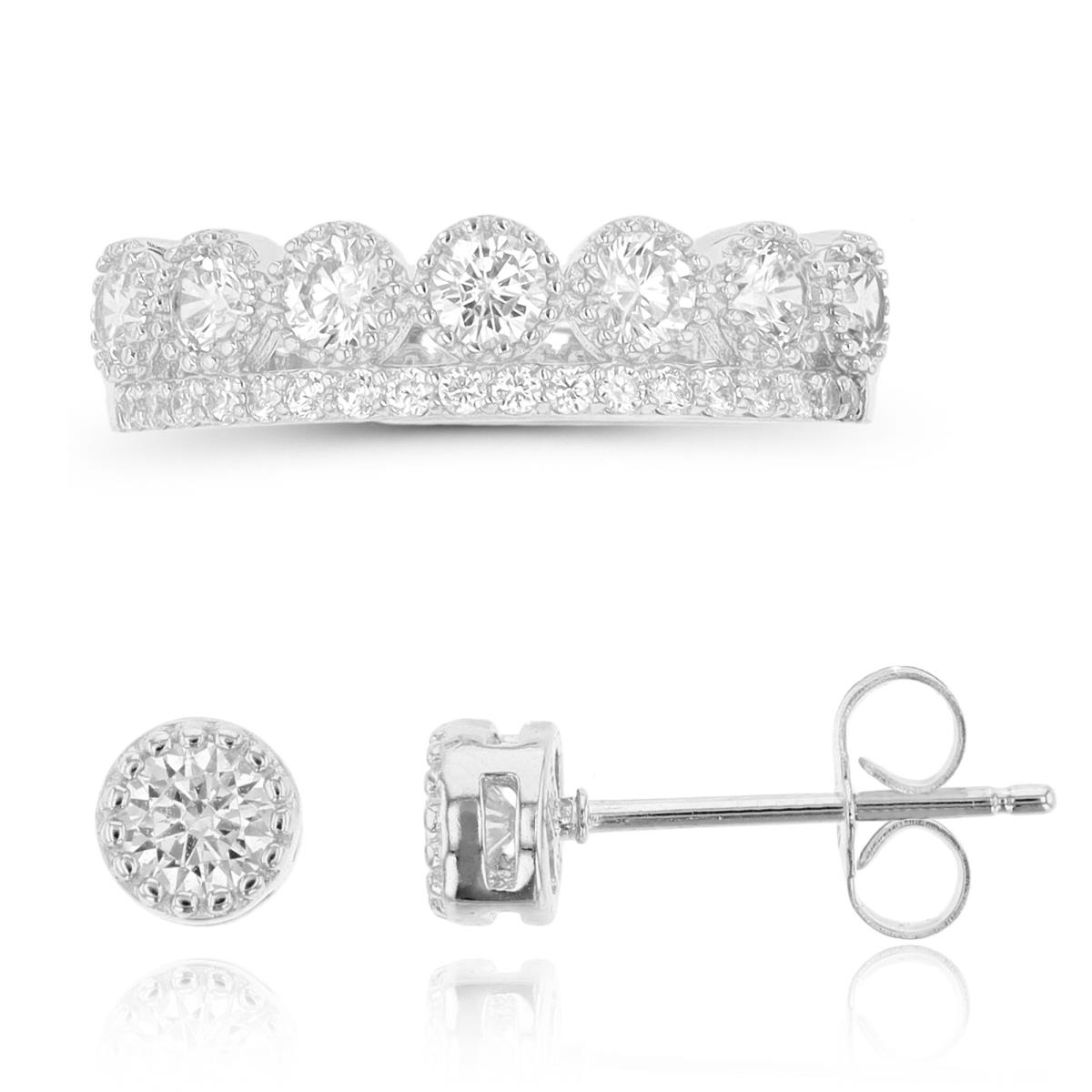 Sterling Silver Rhodium Milgrain Crown Fashion Ring & Milgrain Earring Set
