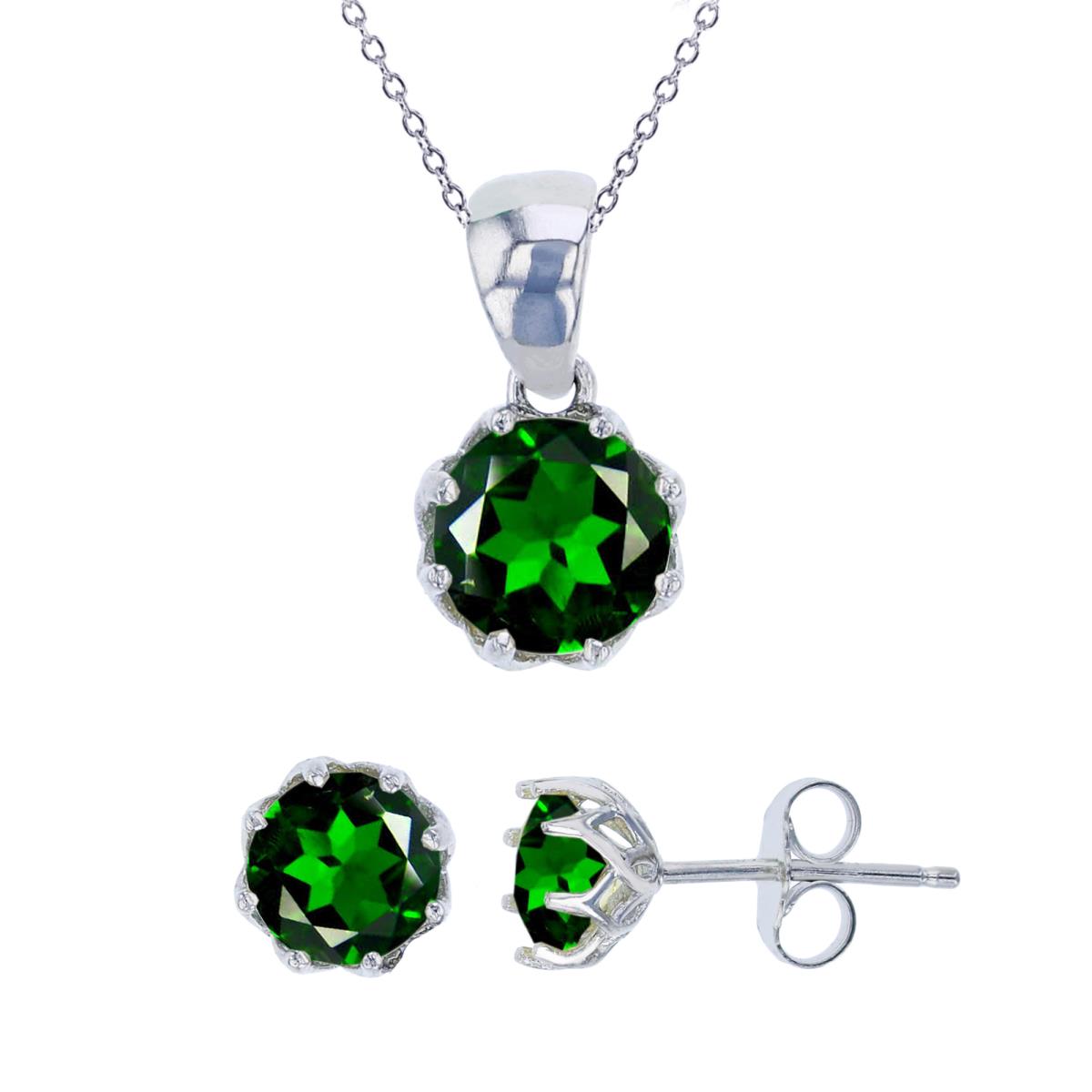 Sterling Silver Rhodium 6mm Rd Cut Chrome Diopside Solitaire Dangling 18" Necklace & Earring Set