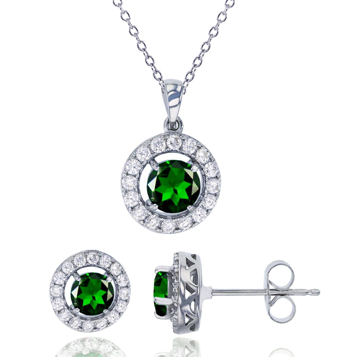 Sterling Silver Rhodium Pave Round Chrome Diopside/White Zircon Halo 18" Necklace & Earring Set