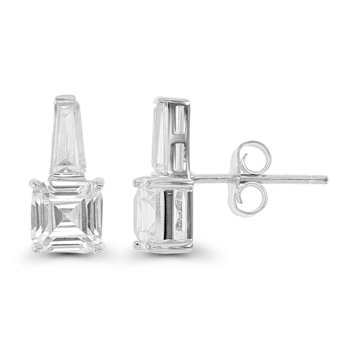 Sterling Silver Rhodium 6mm Asscher & Baguette CZ Stud Earring