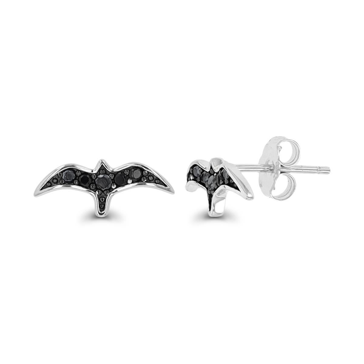Sterling Silver Rhodium & Black Black Spinel Bird Stud Earring