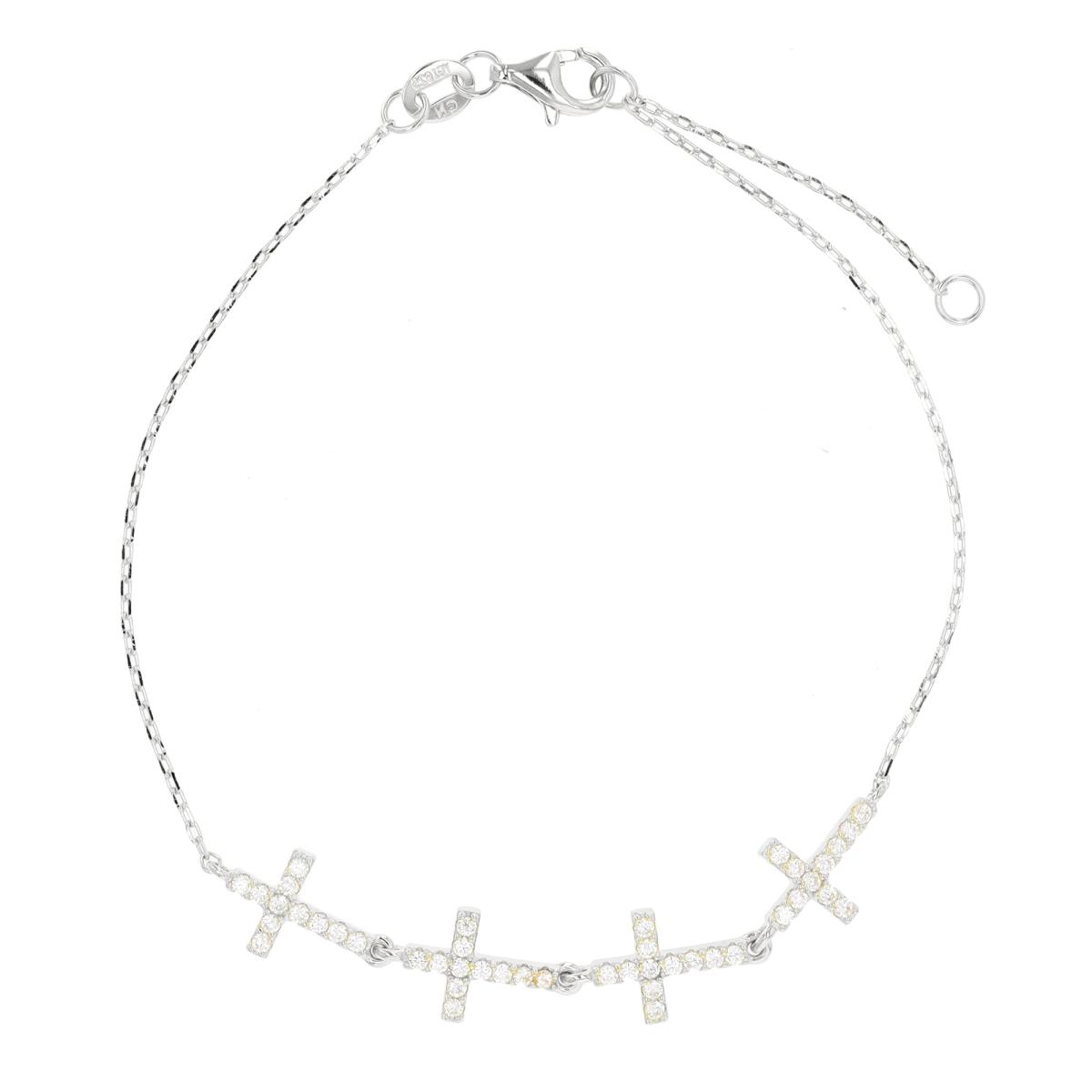 Sterling Silver Rhodium Pave Cross 7"+1" Bracelet