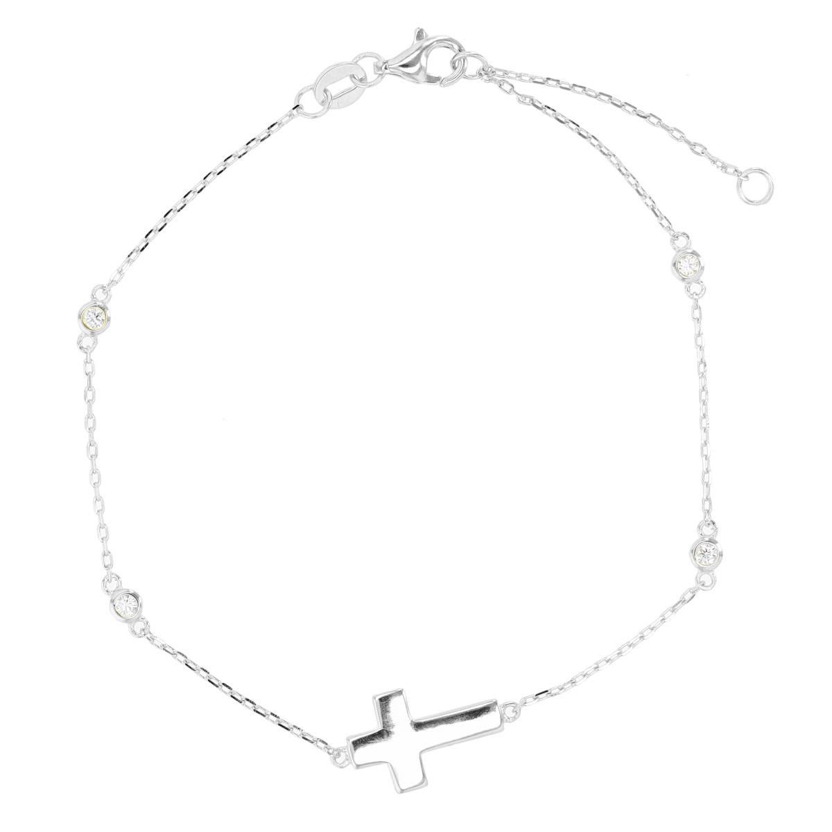 Sterling Silver Rhodium Cross Bezel 7"+1" Bracelet