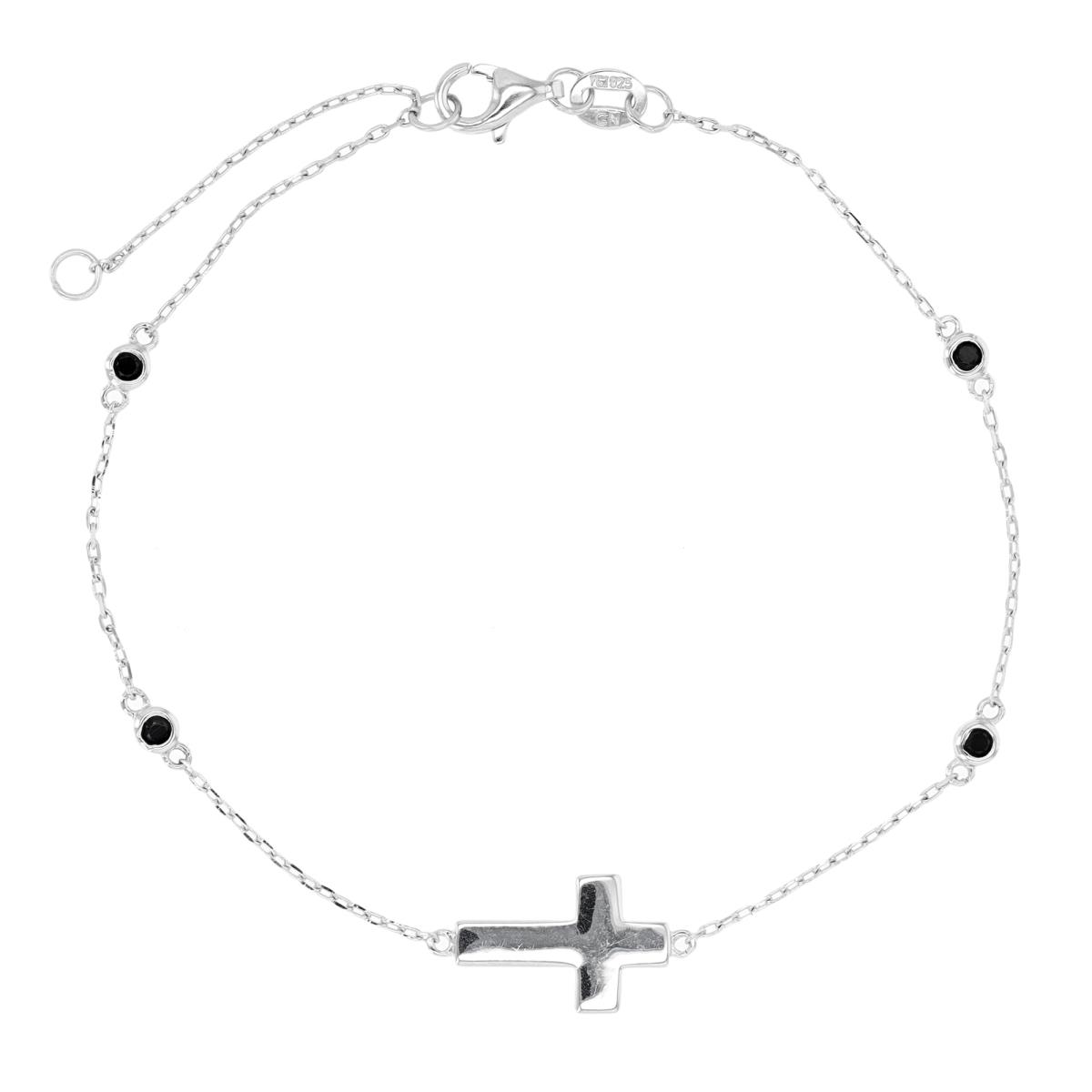 Sterling Silver Rhodium Cross Black Spinel Bezel 7"+1" Bracelet