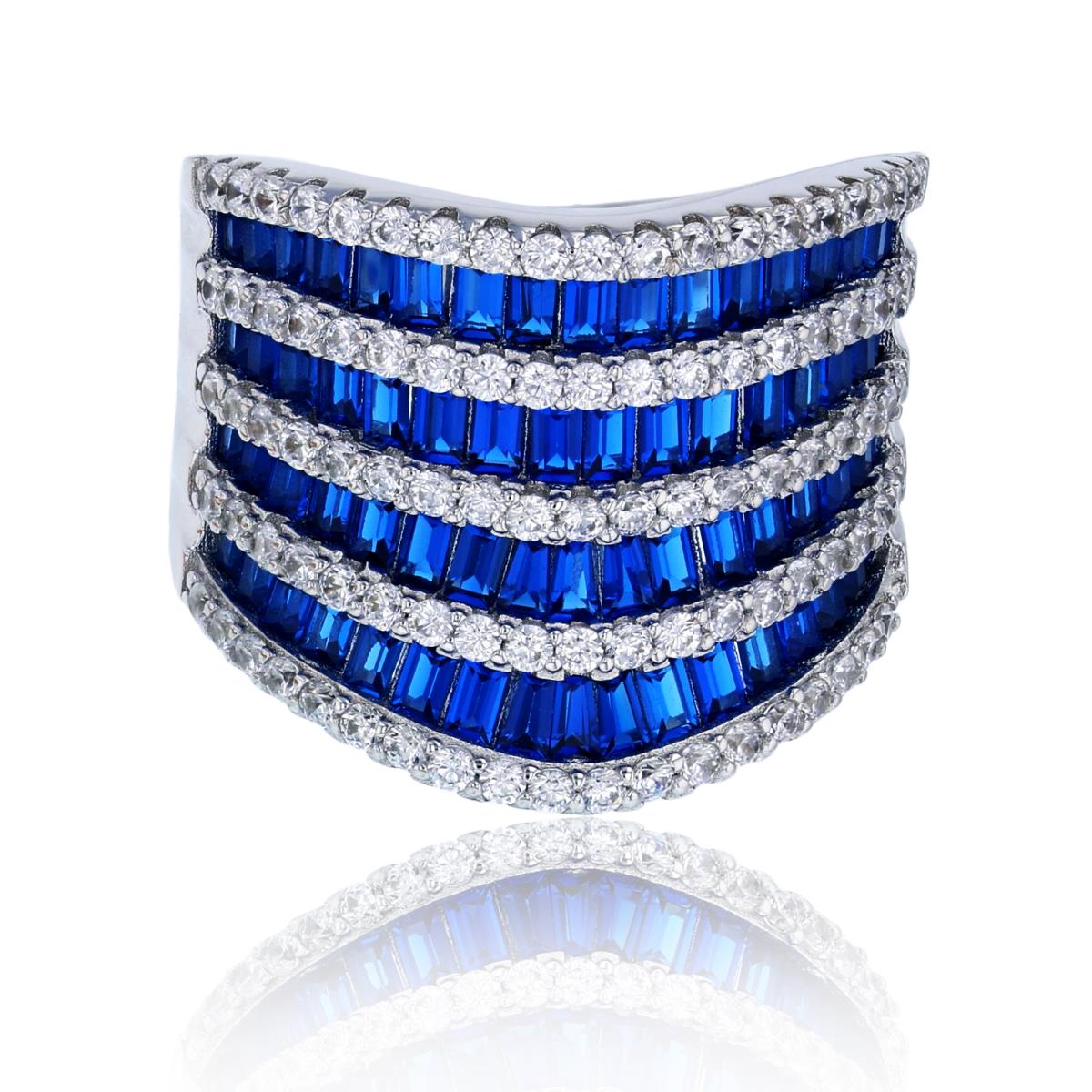 Sterling Silver Rhodium 4-Row Micropave White Rd & Sapphire Baguette CZ Concave Fashion Ring