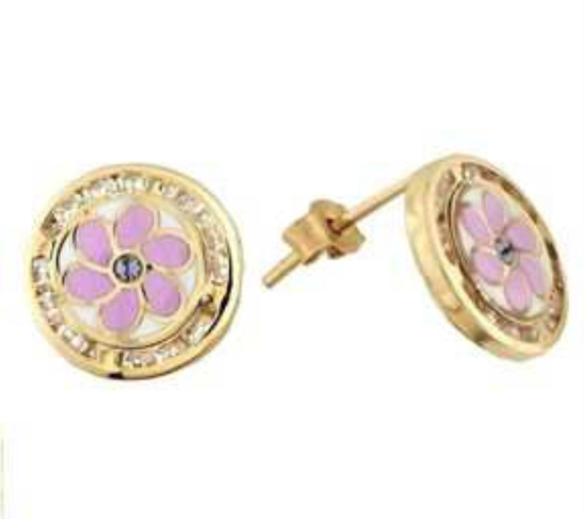 14K Yellow Gold Enamel & CZ Flower Stud Earrings